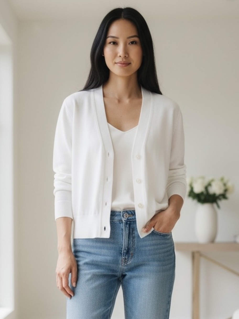 🤍 J.Crew White Button Front Cardigan Sweater Large Cotton Blend Lightweight